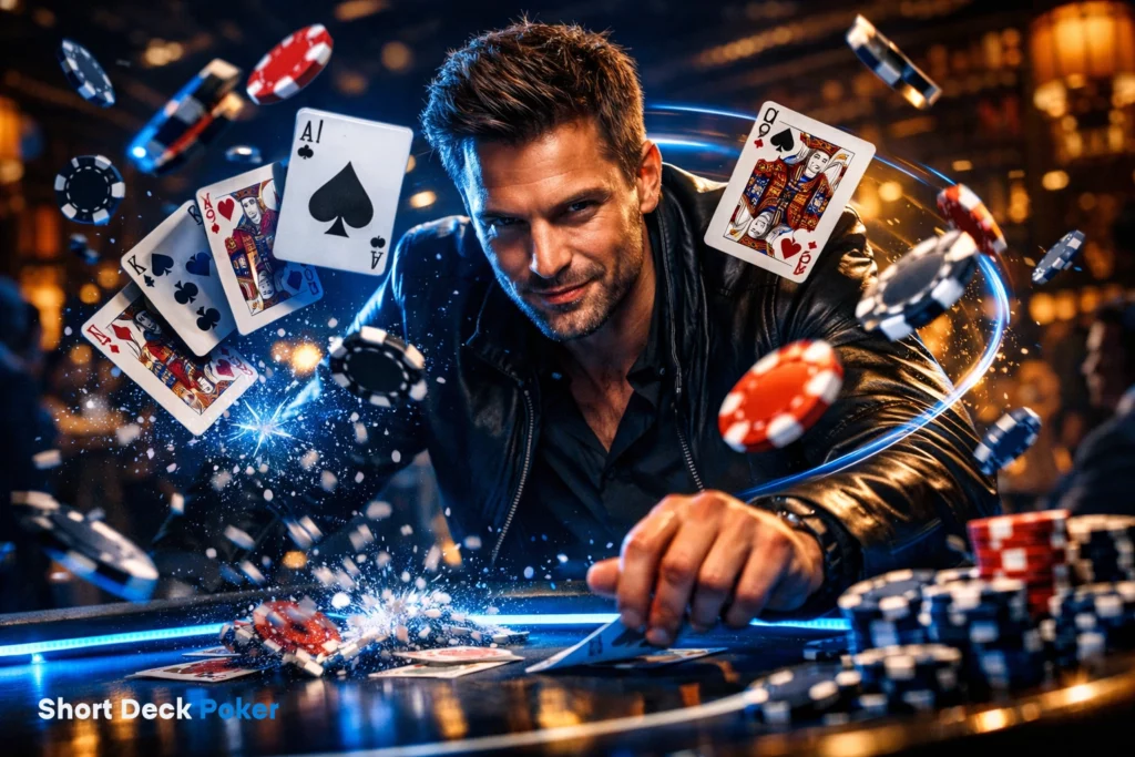 Short Deck Poker player in action with flying cards and chips, dynamic casino scene with high energy gameplay