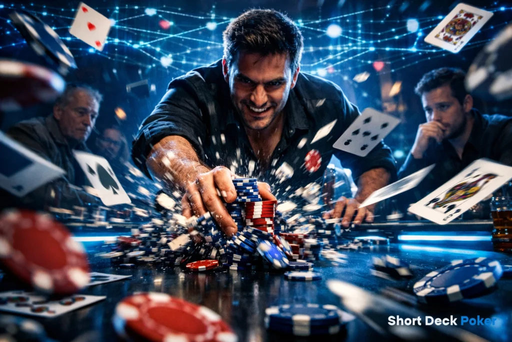 Short Deck Poker intense moment with chips exploding on table, high stakes action and aggressive gameplay